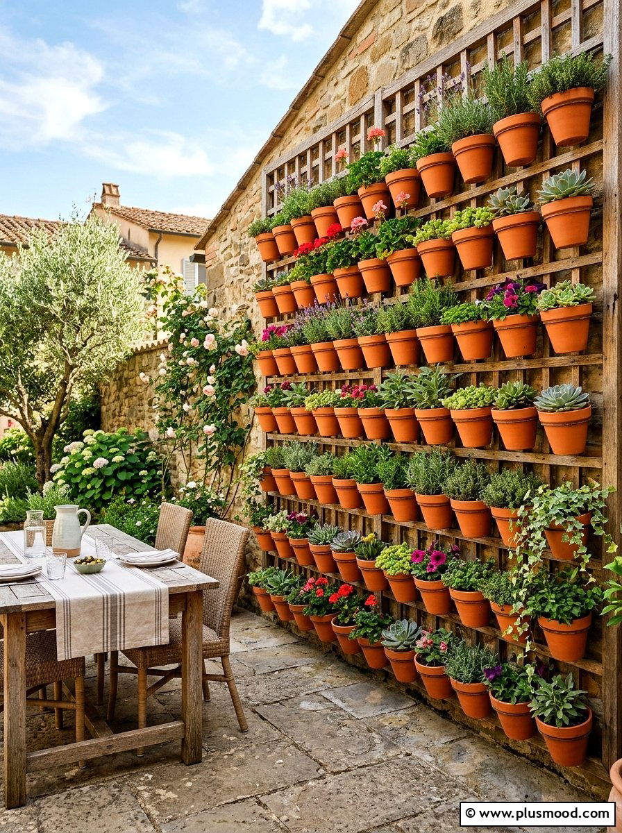 Terracotta Pot Wall - 25 outdoor garden decor ideas with vertical garden