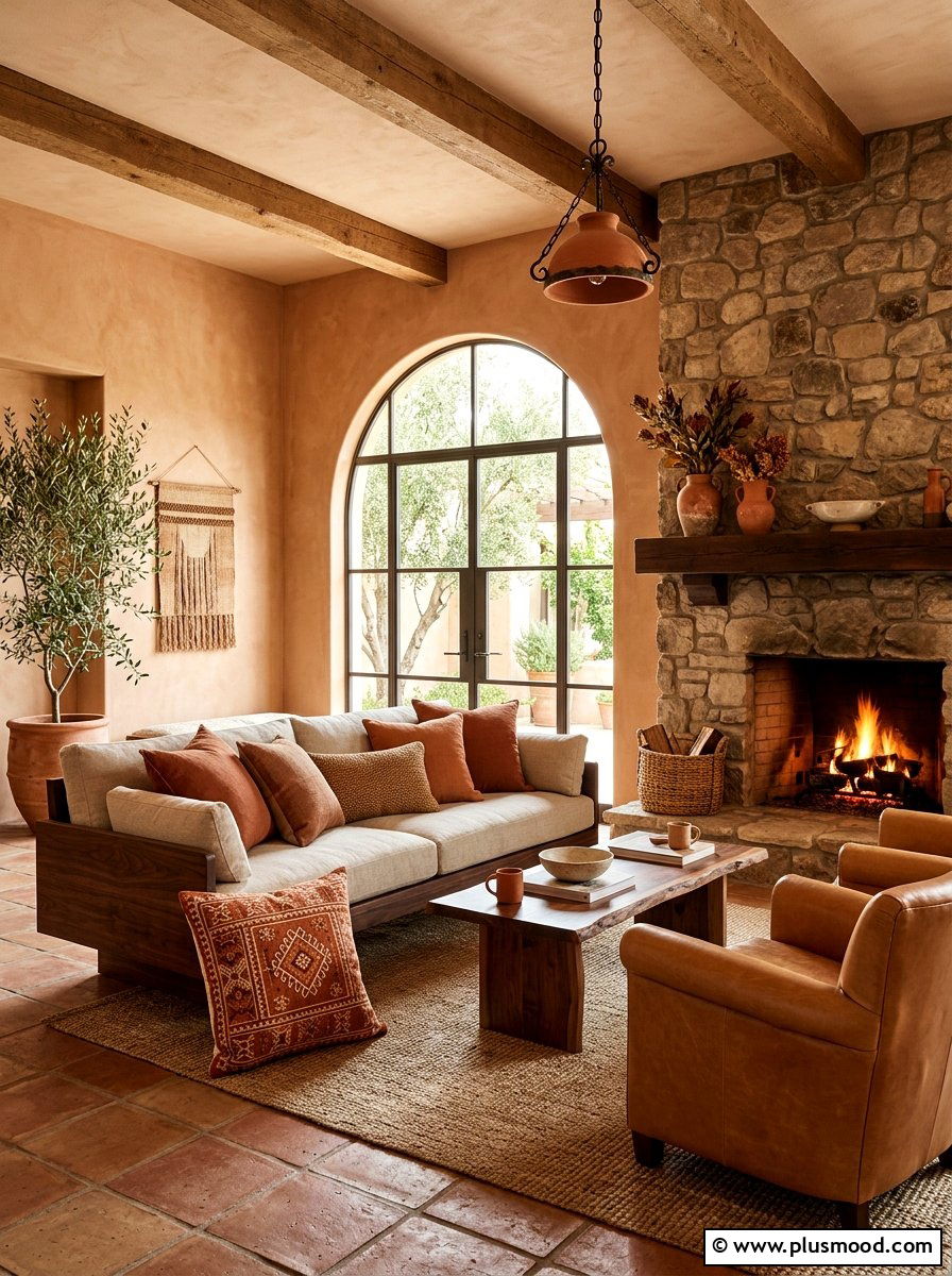 Terracotta and clay earth tone lounge - 25 summer throw pillow ideas for living room