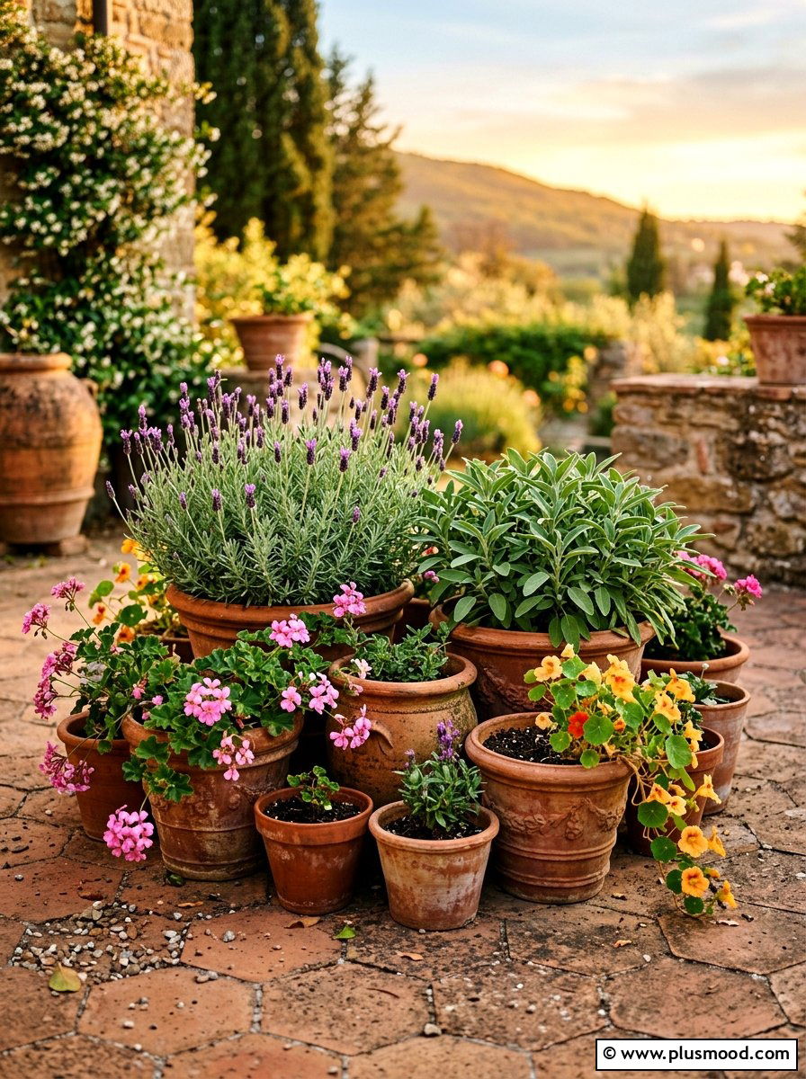 Terracotta pot cluster - 25 small backyard ideas with container garden
