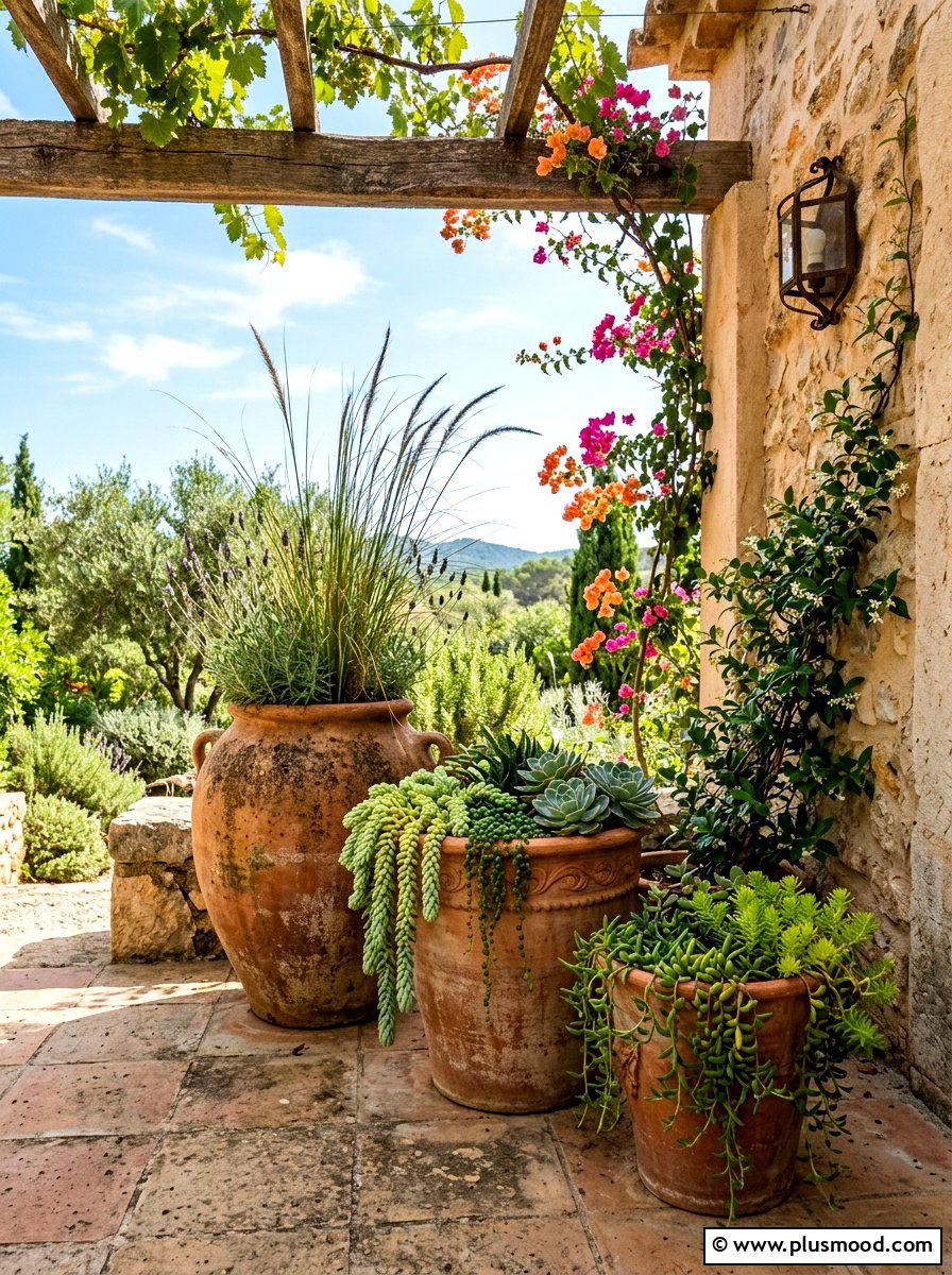 Terracotta pot cluster - 25 summer to fall front porch planter ideas