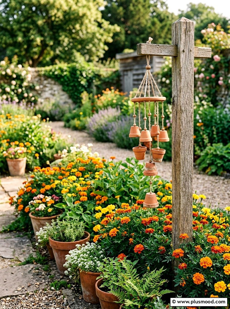 Terracotta pot flower bed - 25 outdoor garden decor ideas with wind chimes
