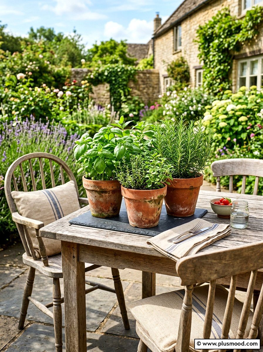 Terracotta pot herb cluster - 25 summer patio centerpiece ideas
