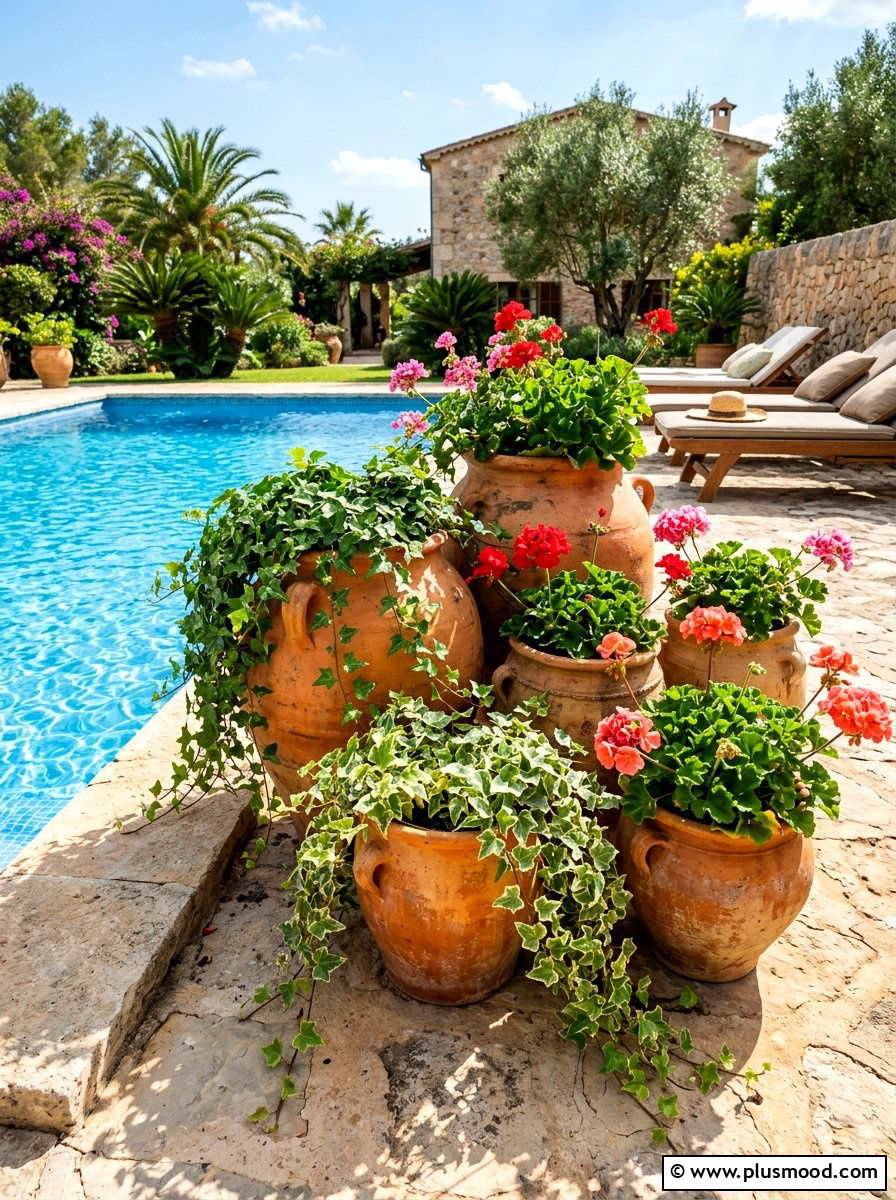 Terracotta pot pool decor - 25 pool landscaping ideas for cottagecore theme