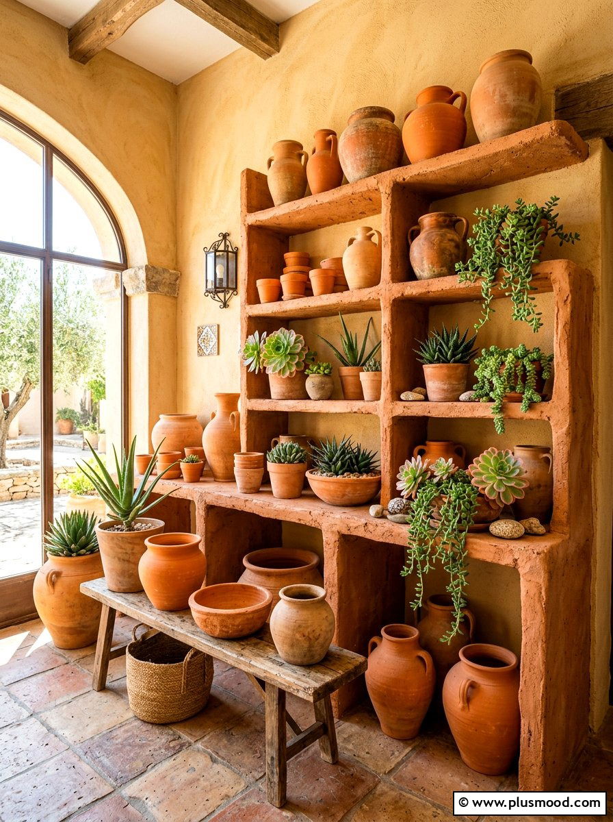 Terracotta pottery display - 25 summer shelf decor ideas