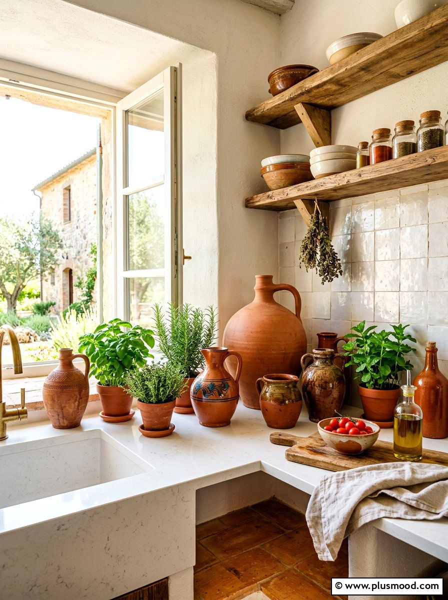 Terracotta pottery display - 25 fresh summer kitchen decor ideas