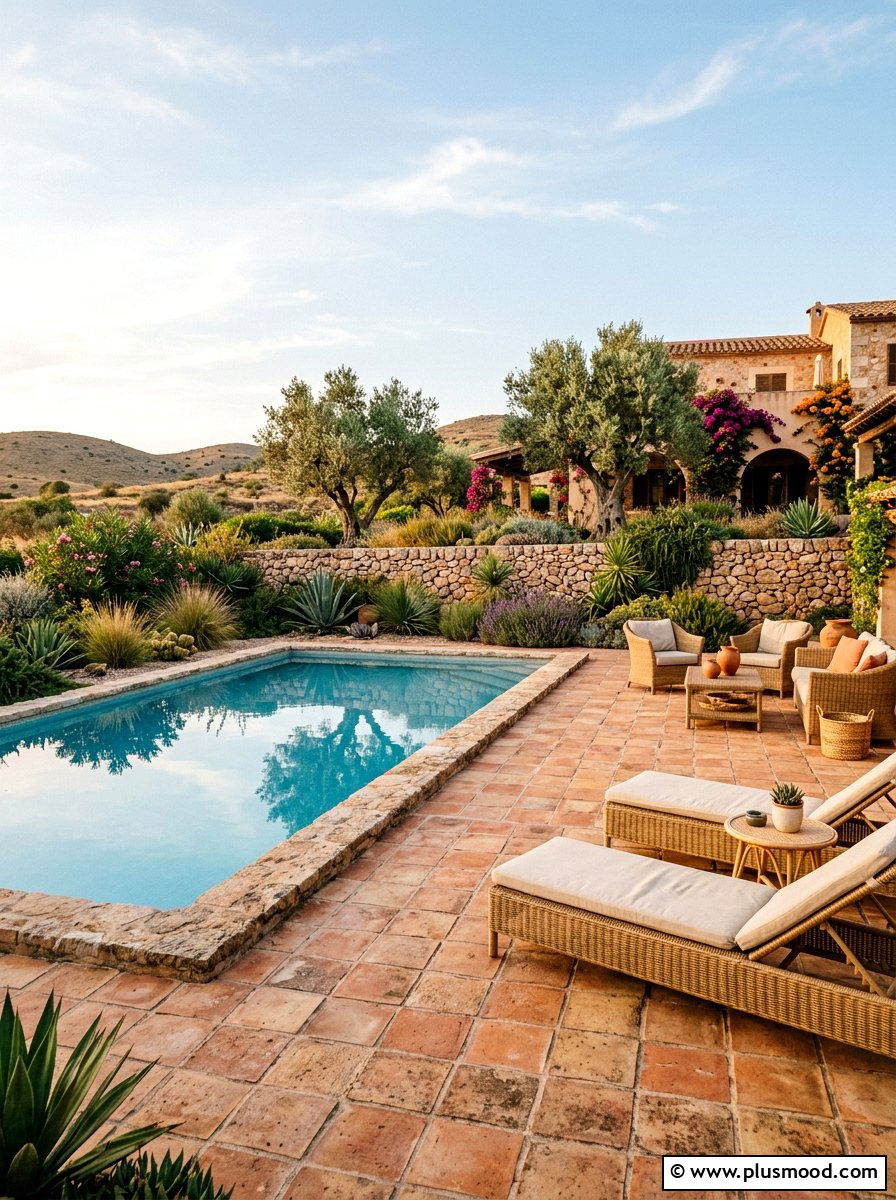 Terracotta tile pool area - 25 pool landscaping ideas with tile accents