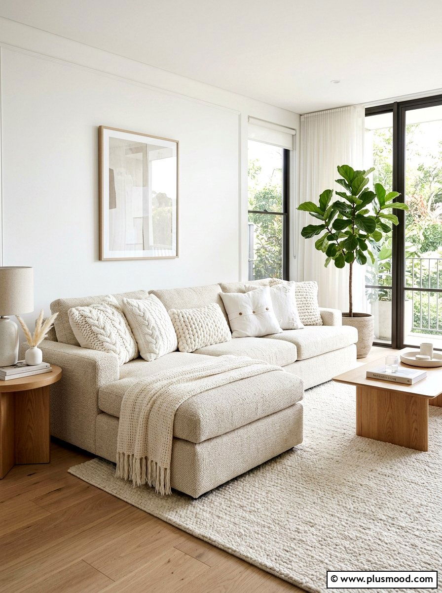 Textured cream and white layered sofa - 25 summer throw pillow ideas for living room