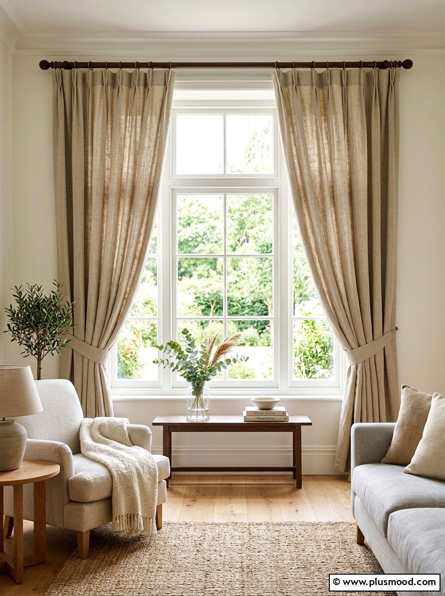 Textured linen window curtains - 25 summer to fall living room decor ideas
