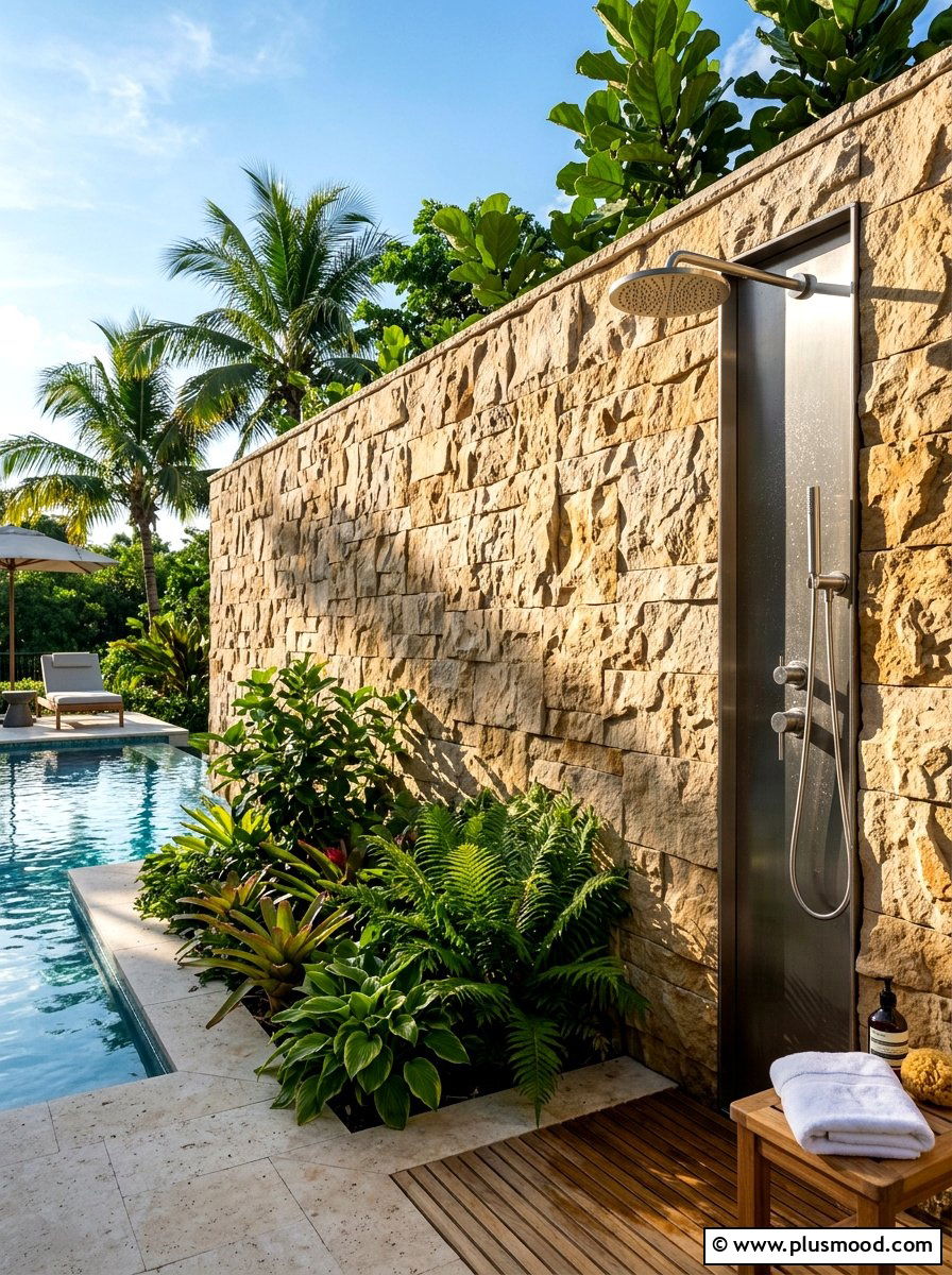 Textured sandstone poolside privacy wall - 25 pool landscaping ideas with sandstone