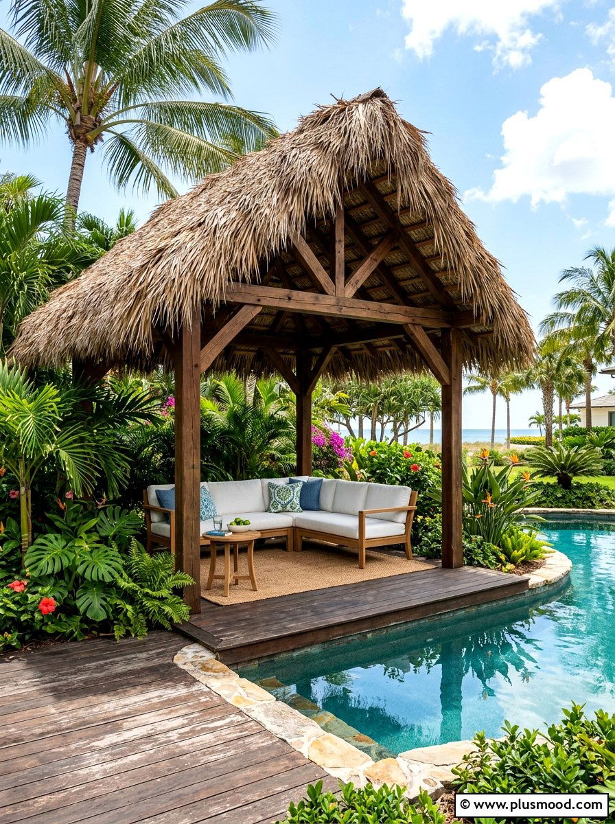 Thatch Roof Pool Cabana - 25 pool landscaping ideas with tropical theme