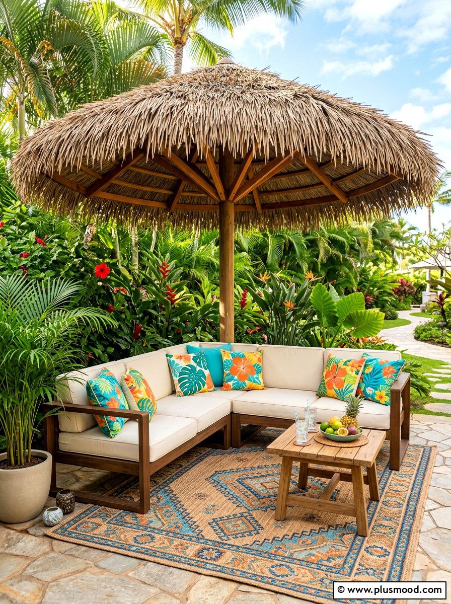 Thatch lounge area - 25 summer backyard tropical ideas
