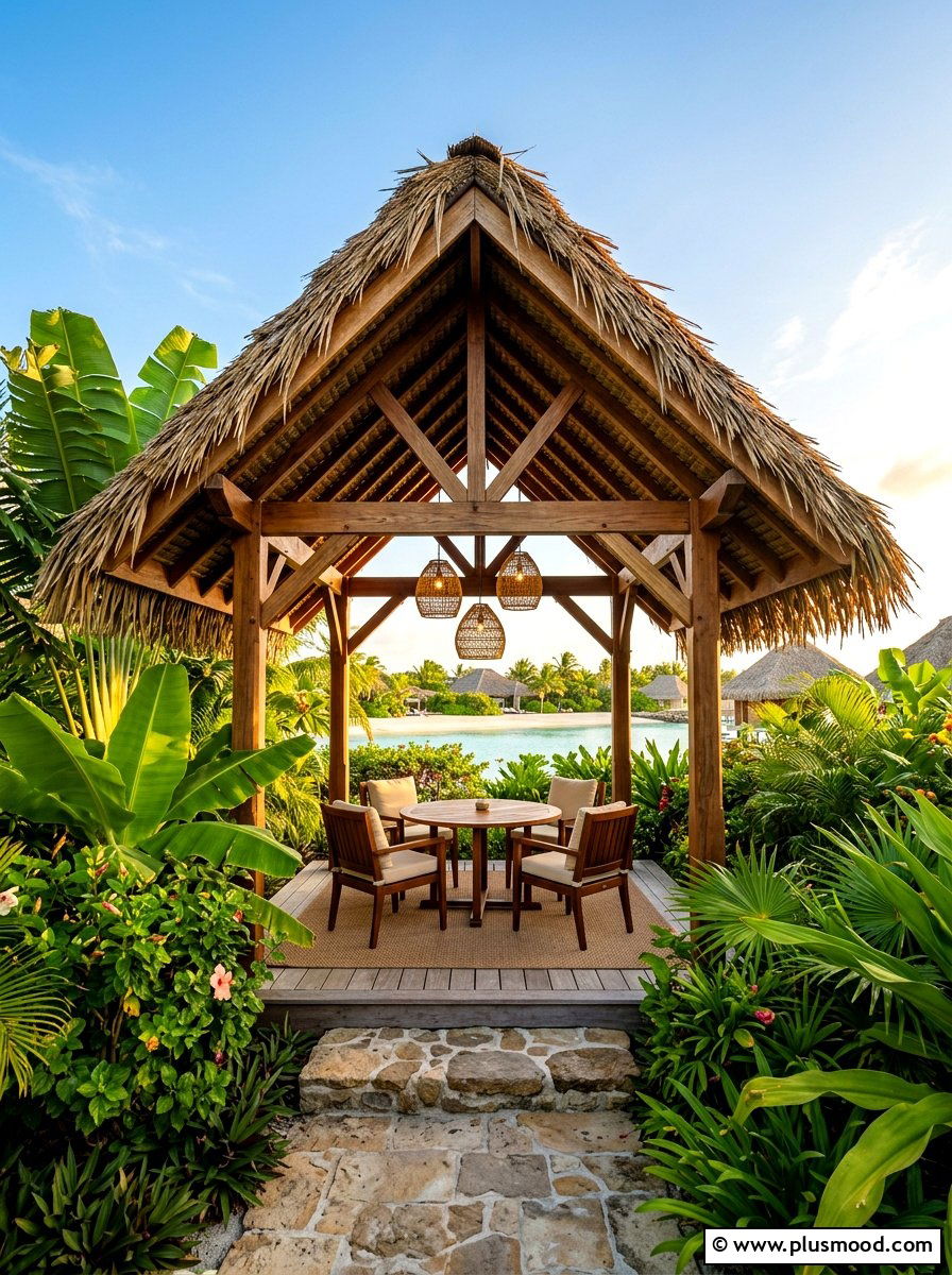 Thatched roof gazebo - 25 summer tropical landscaping ideas