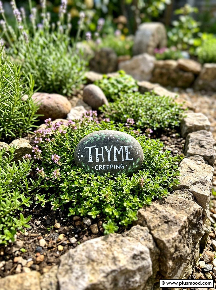Thyme Herb Stone - 25 painted rock ideas for plant markers
