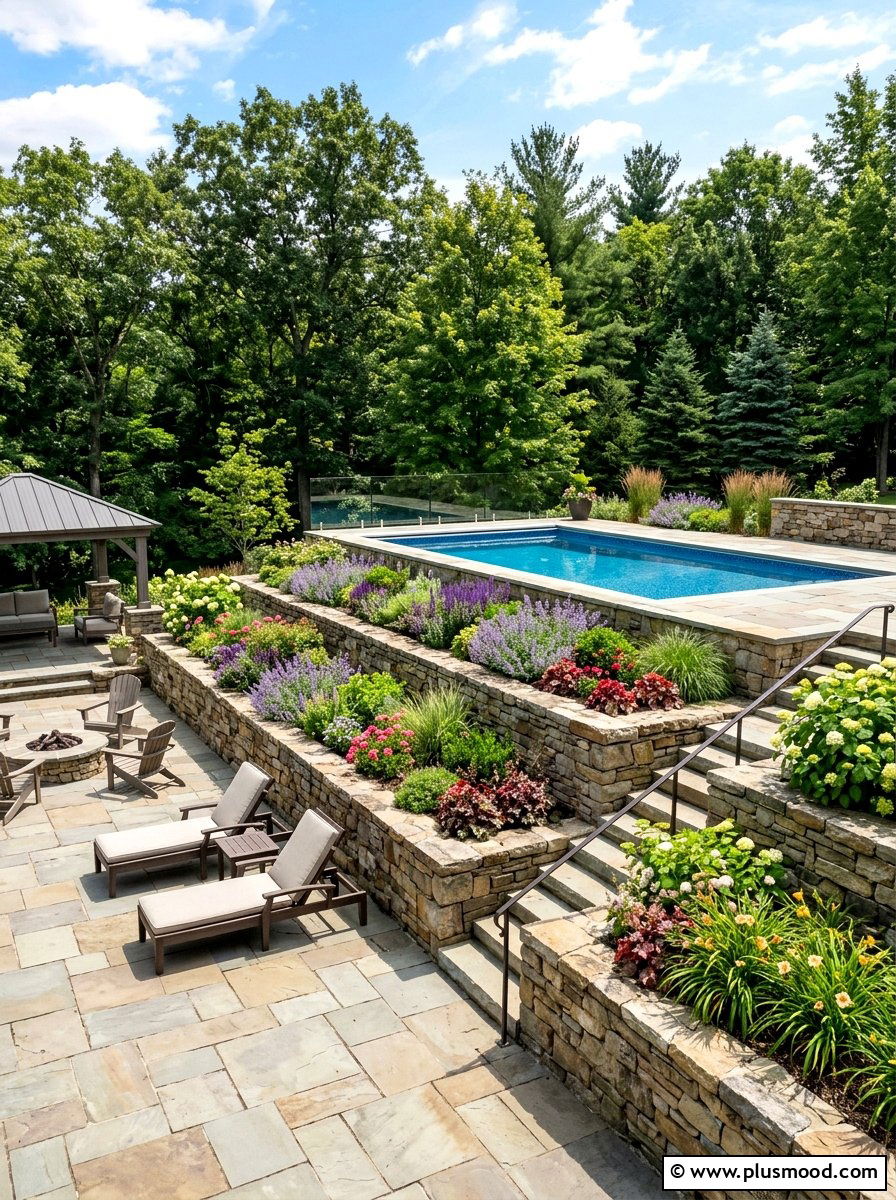 Tiered Backyard Retaining Walls - 25 pool landscaping ideas for rectangular pools
