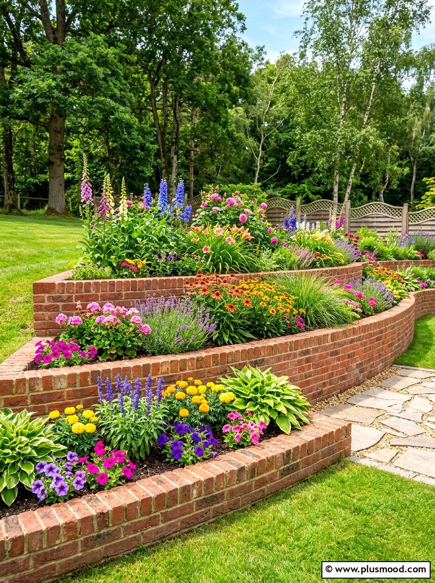 Tiered Brick Bed - 25 summer backyard flower bed ideas