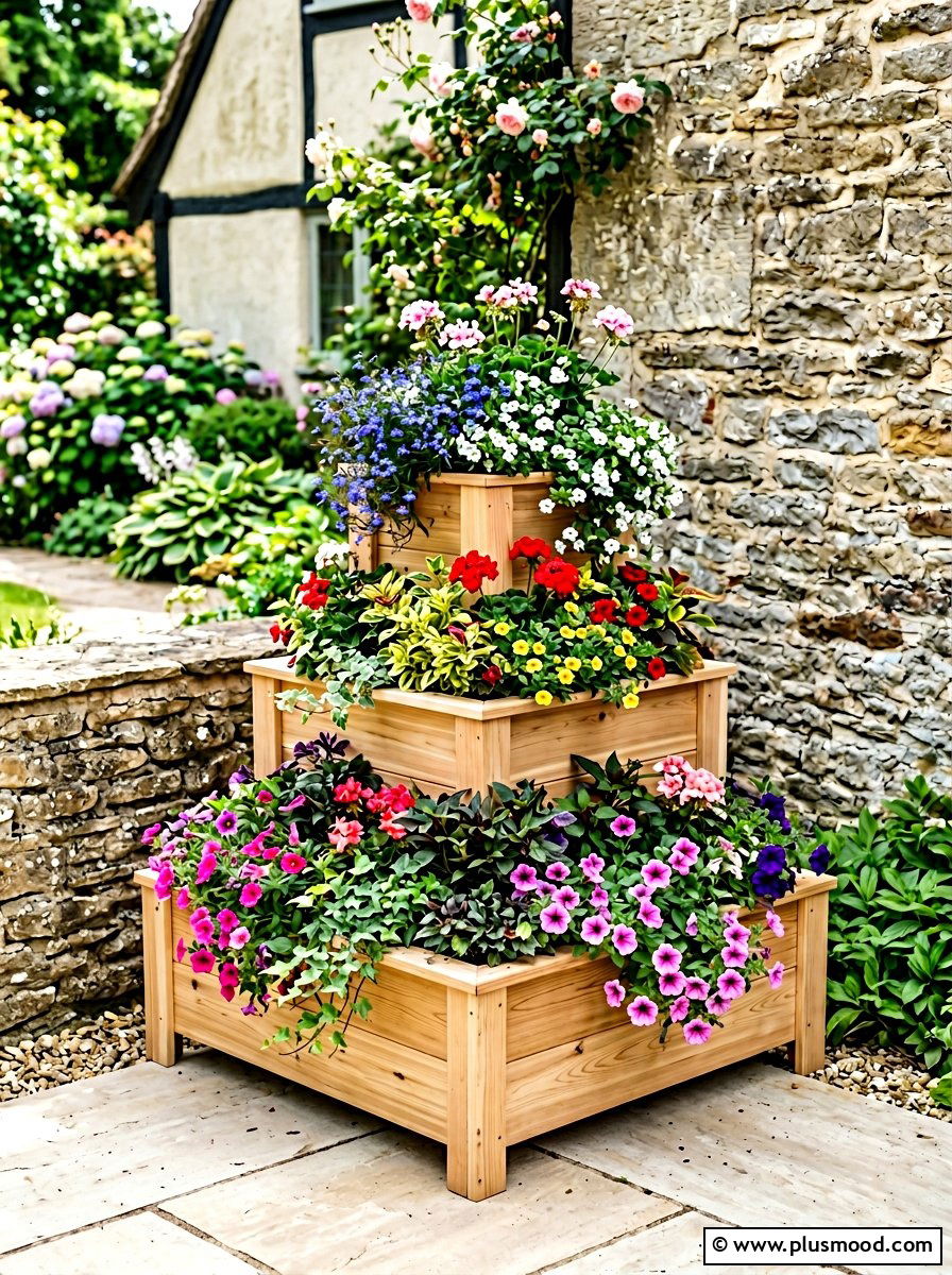 Tiered Corner Planter - 25 small backyard ideas with raised beds