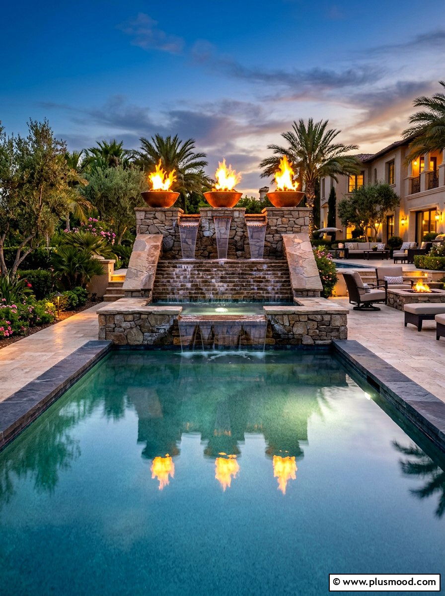 Tiered Fire And Water Feature - 25 summer poolside fire feature ideas