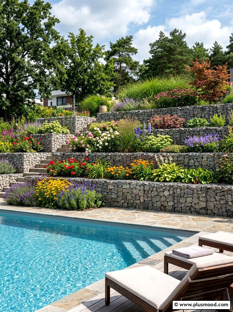 Tiered Gabion Garden Beds - 25 pool landscaping ideas with gabion walls