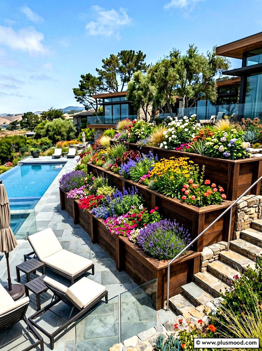 Tiered Garden Bed System - 25 pool landscaping ideas with raised garden beds