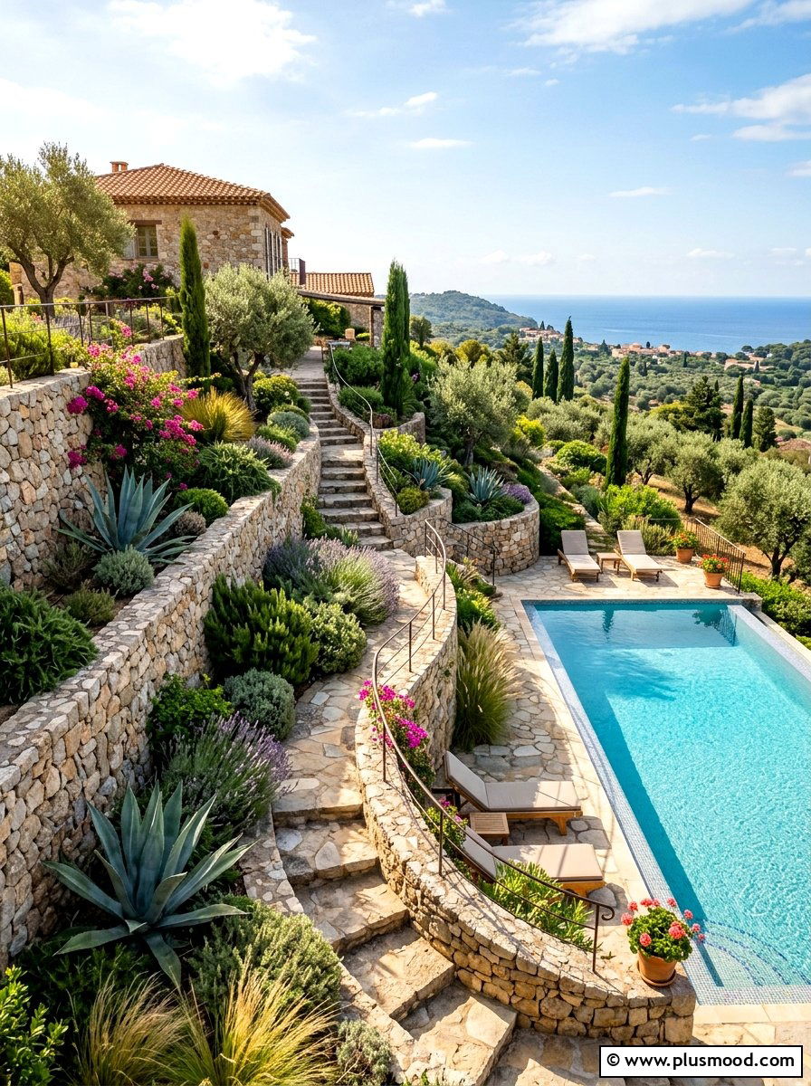 Tiered Garden Pool Slope - 25 pool landscaping ideas for Mediterranean style