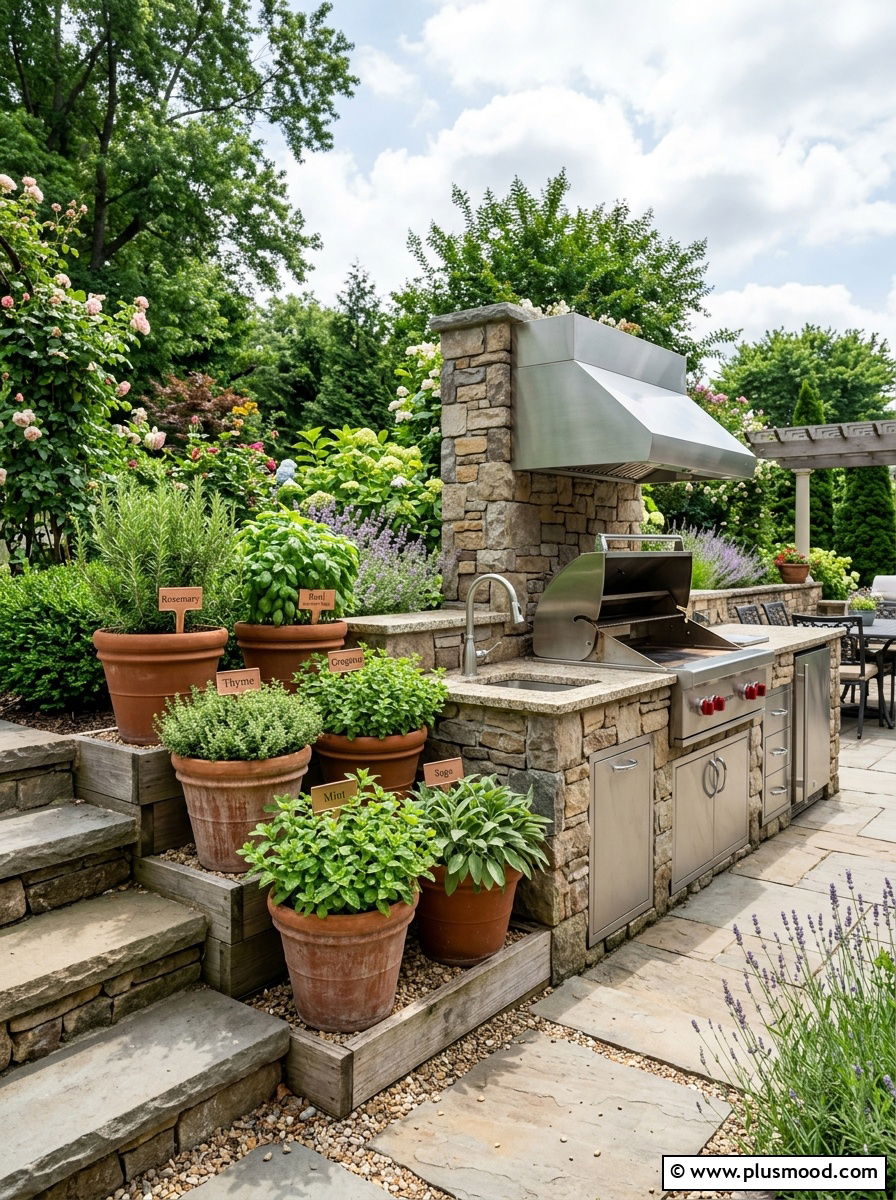 Tiered Herb Garden Near Outdoor Kitchen - 25 outdoor garden decor ideas with vegetable display