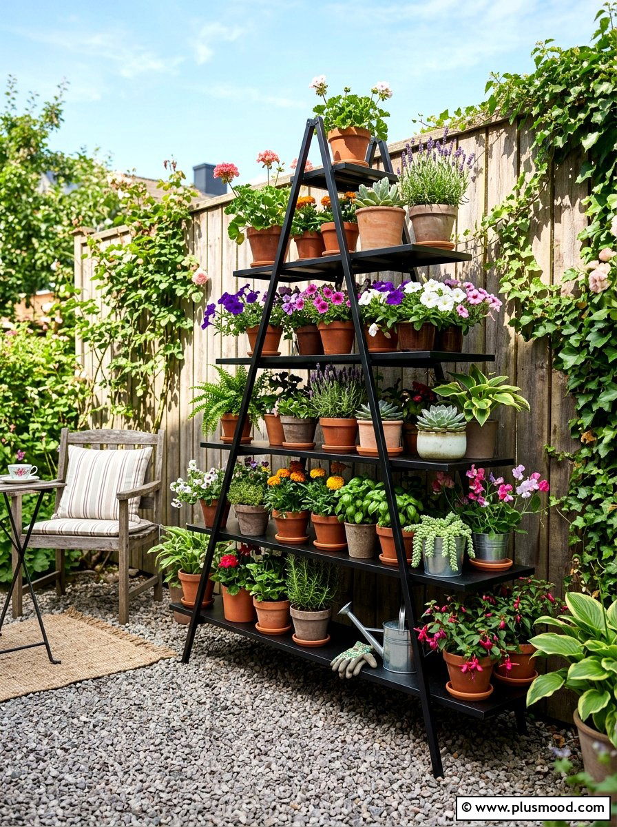 Tiered Plant Stand - 25 small backyard ideas for apartments with fence