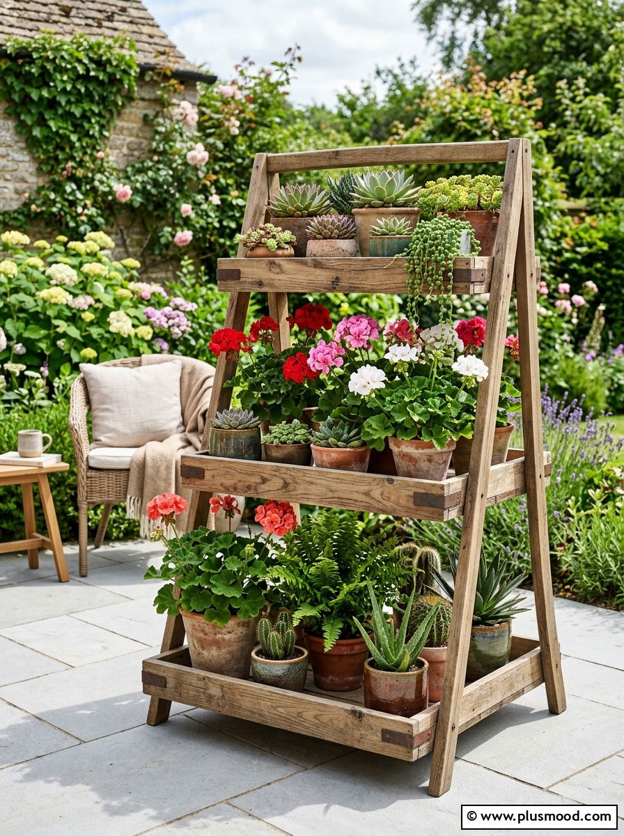Tiered Plant Stand - 25 small backyard ideas with potted plants