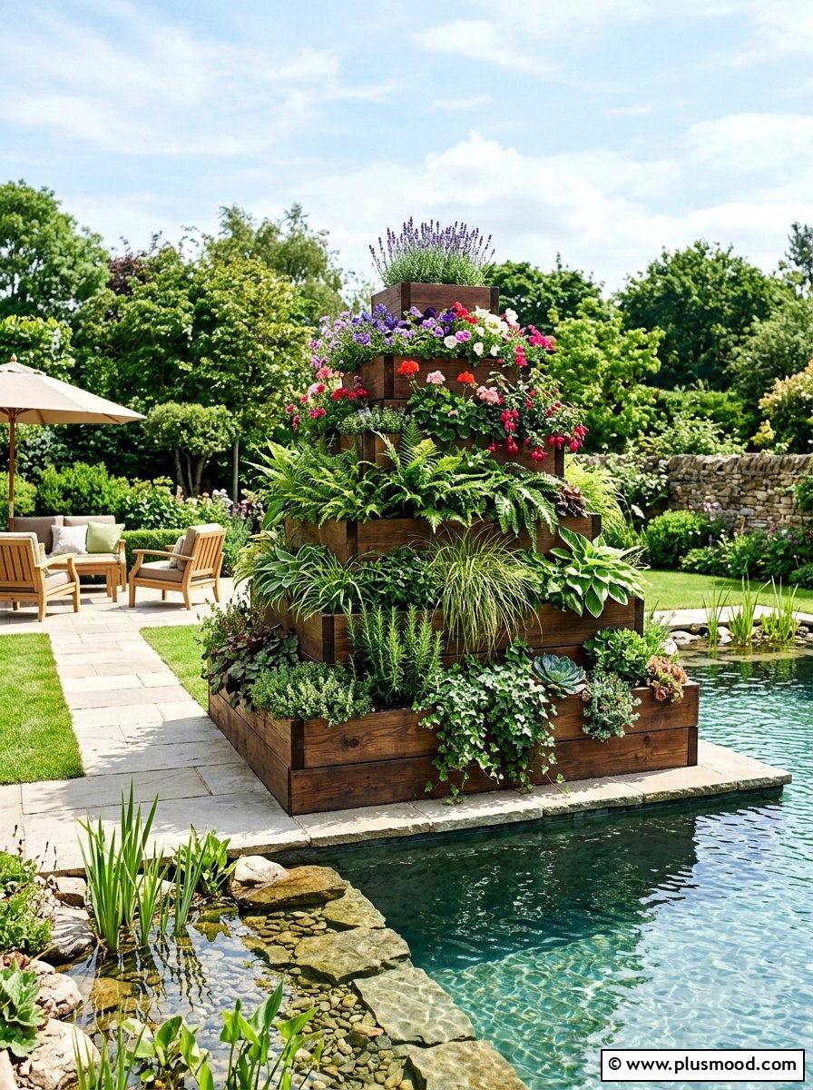 Tiered Planter Vertical Garden Pool - 25 pool landscaping ideas with vertical garden