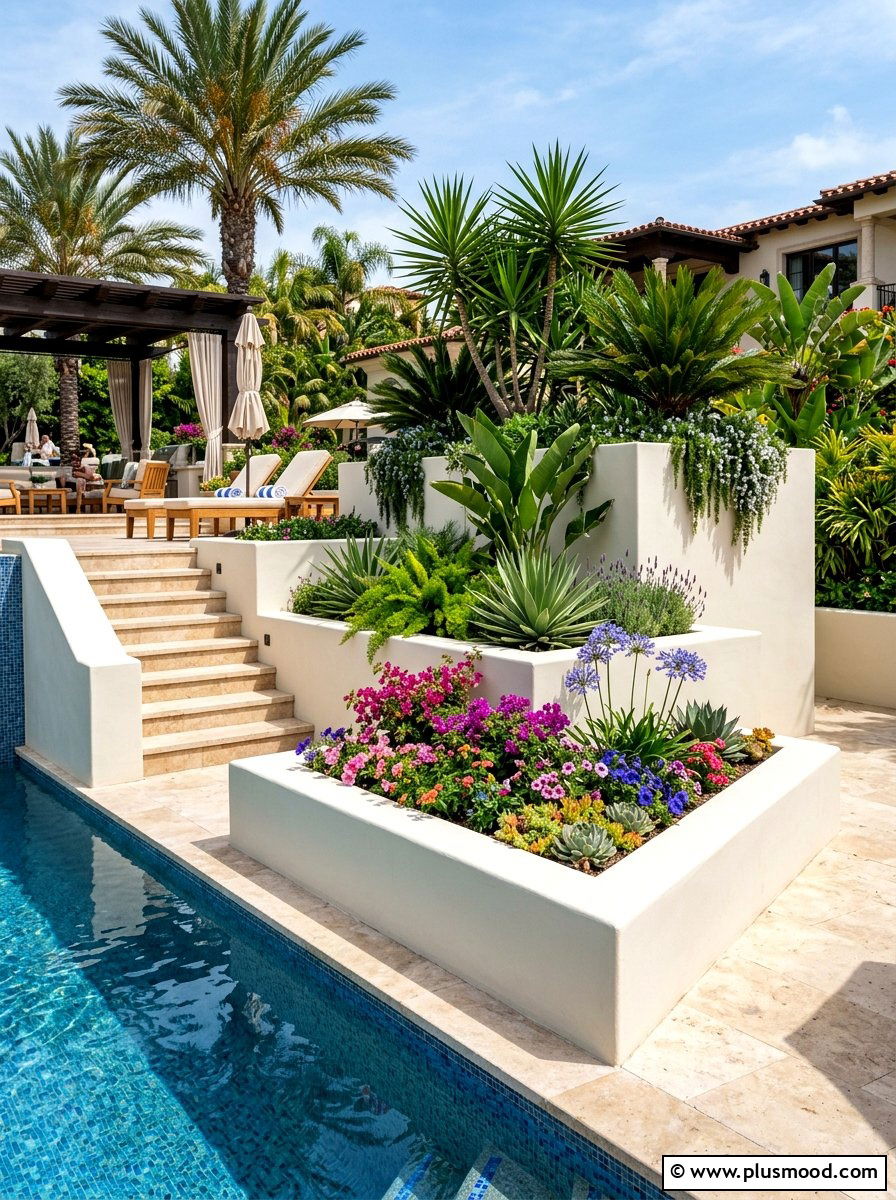 Tiered Poolside Planter - 25 pool landscaping ideas with raised planters