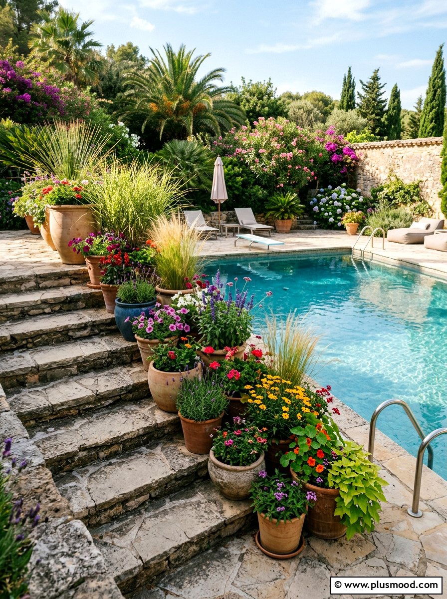 Tiered Pot Arrangement Near Pool Stairs - 25 pool landscaping ideas with potted plants