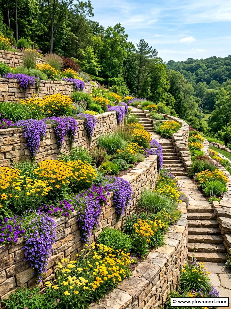 Tiered Retaining Wall Garden - 25 summer flower bed ideas for front yard