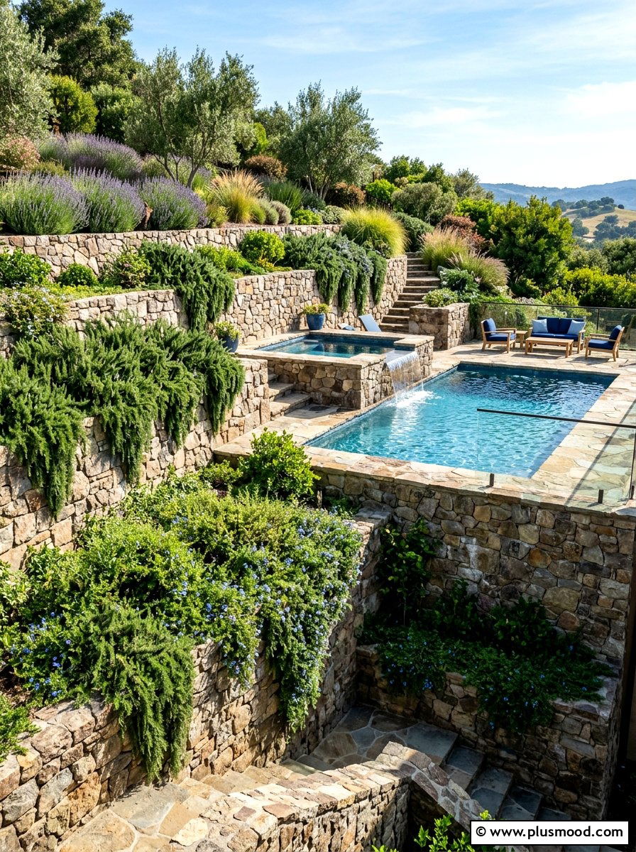 Tiered Retaining Wall - 25 pool landscaping ideas with plants