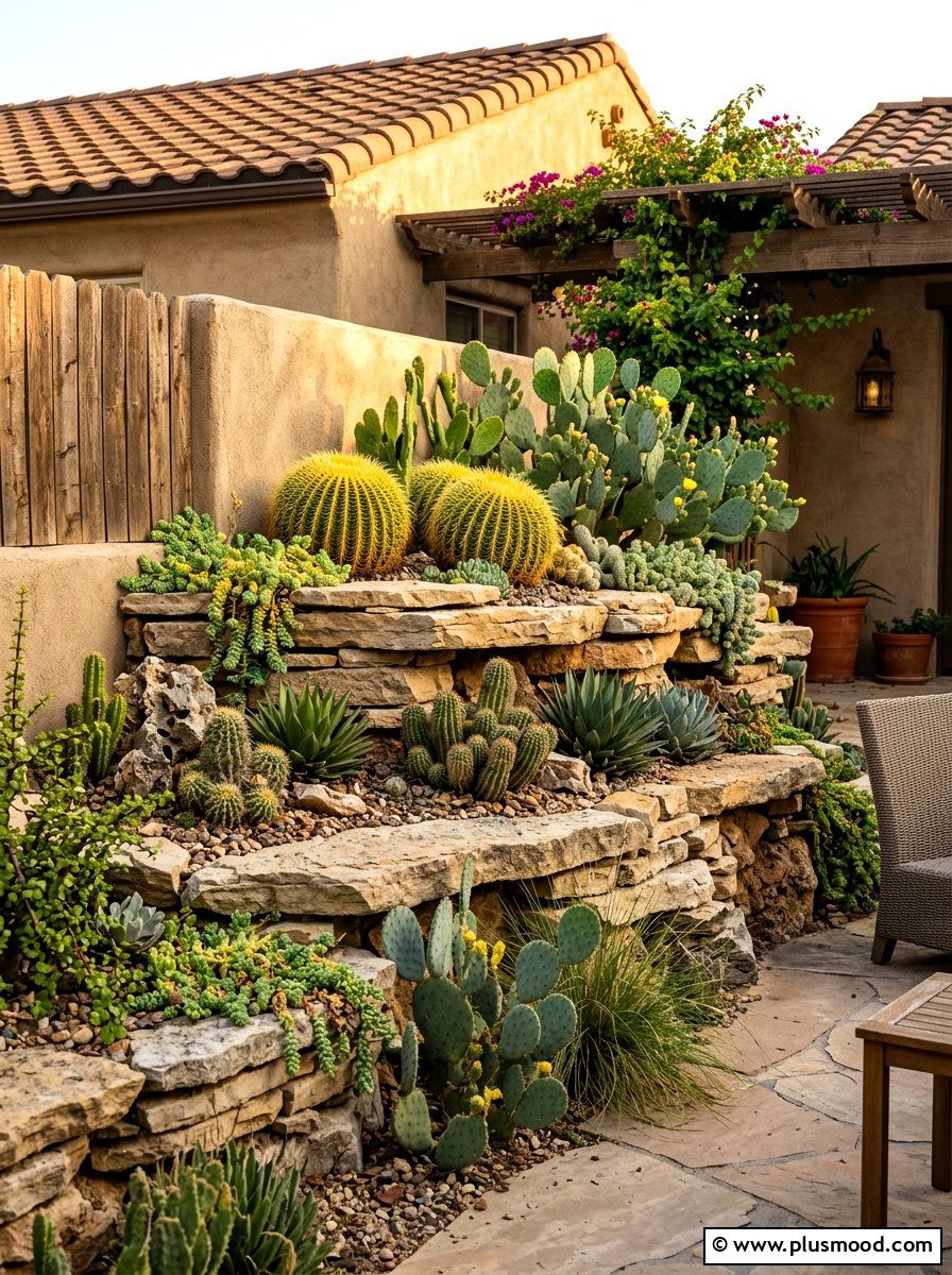 Tiered Stone Cactus Garden - 25 summer cactus planter ideas