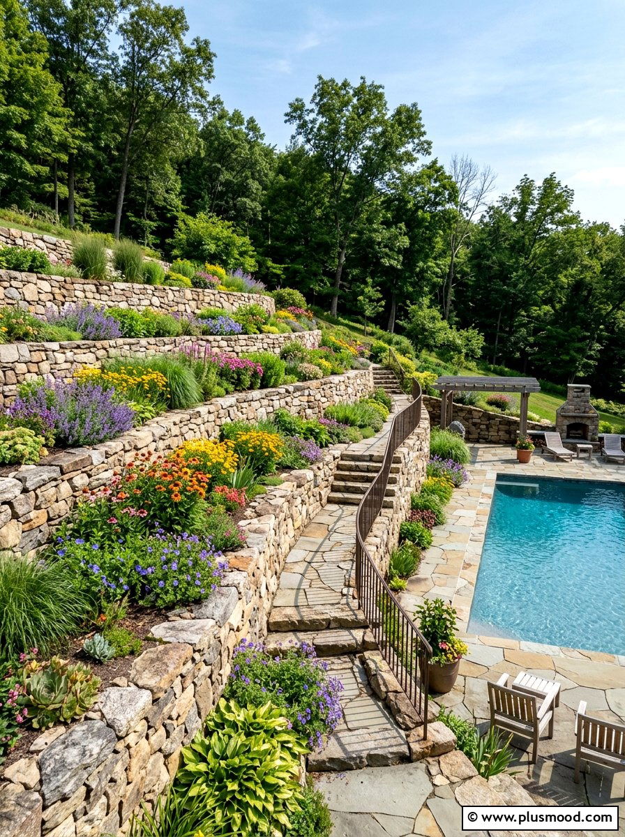 Tiered Stone Retaining Walls - 25 pool landscaping ideas for privacy