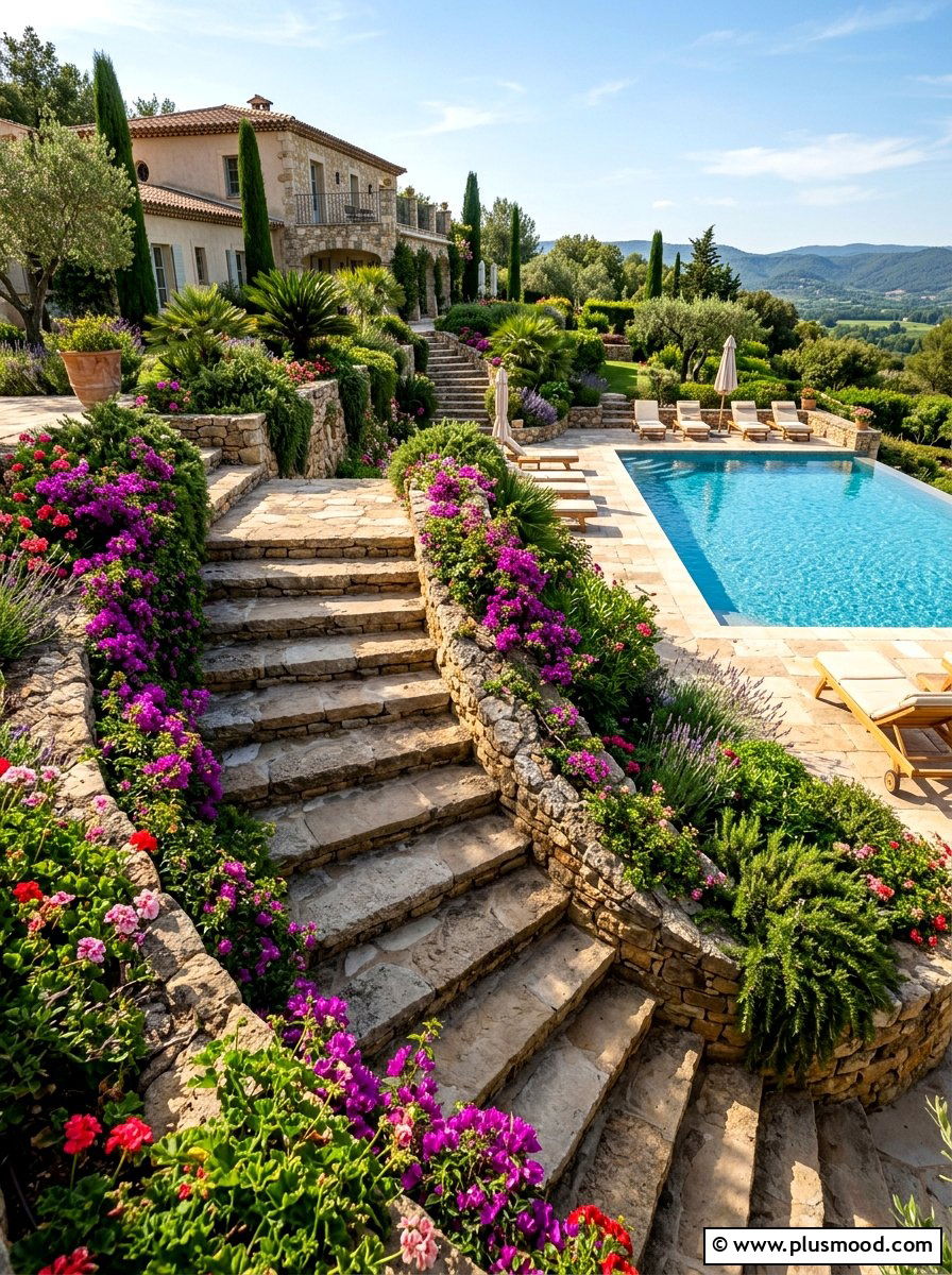 Tiered Stone Steps Leading To Pool - 25 pool landscaping ideas with stone pathway