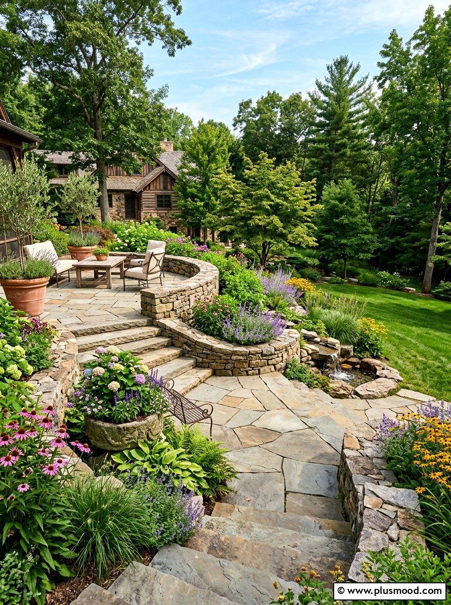 Tiered Stone Terrace - 25 small backyard ideas with raised patio