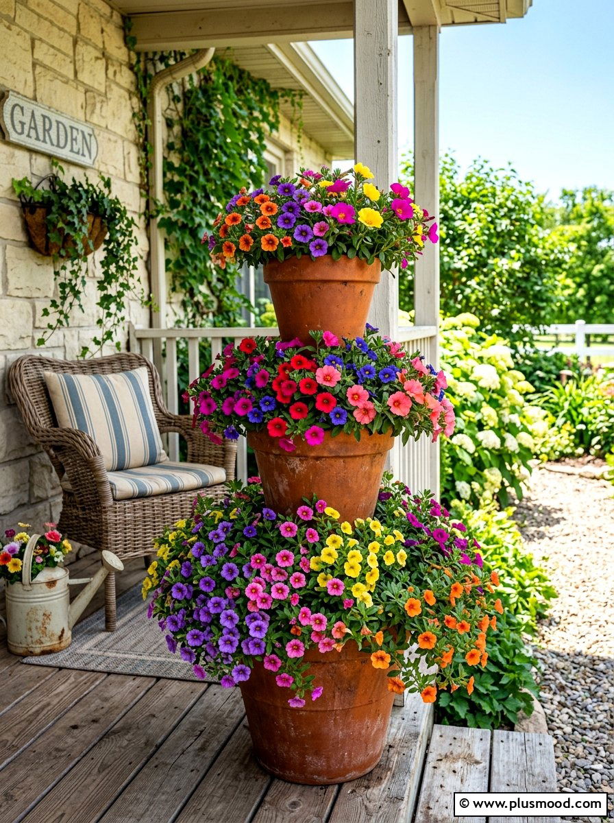 Tiered Terra Cotta Flower Tower - 25 summer flower pot arrangement ideas for front porch