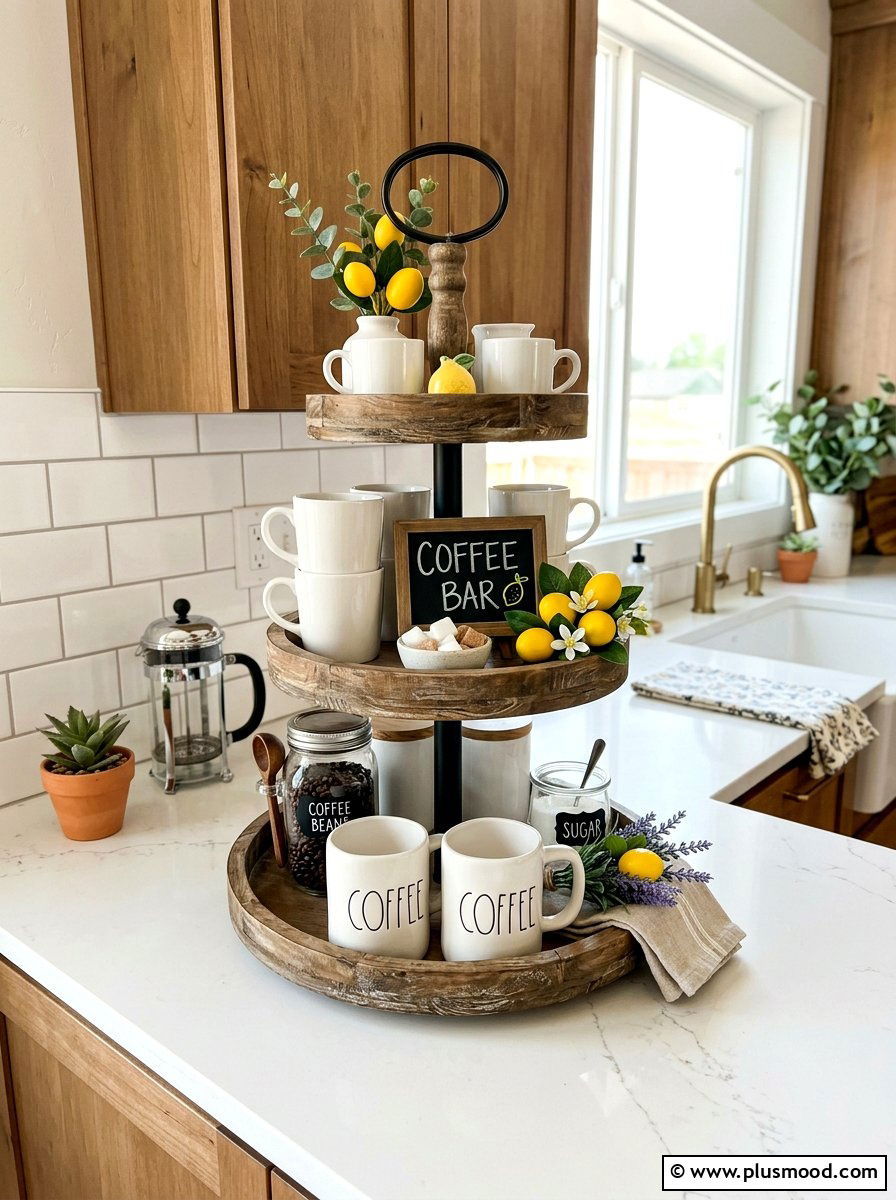 Tiered Tray Coffee Bar - 25 summer farmhouse decor ideas