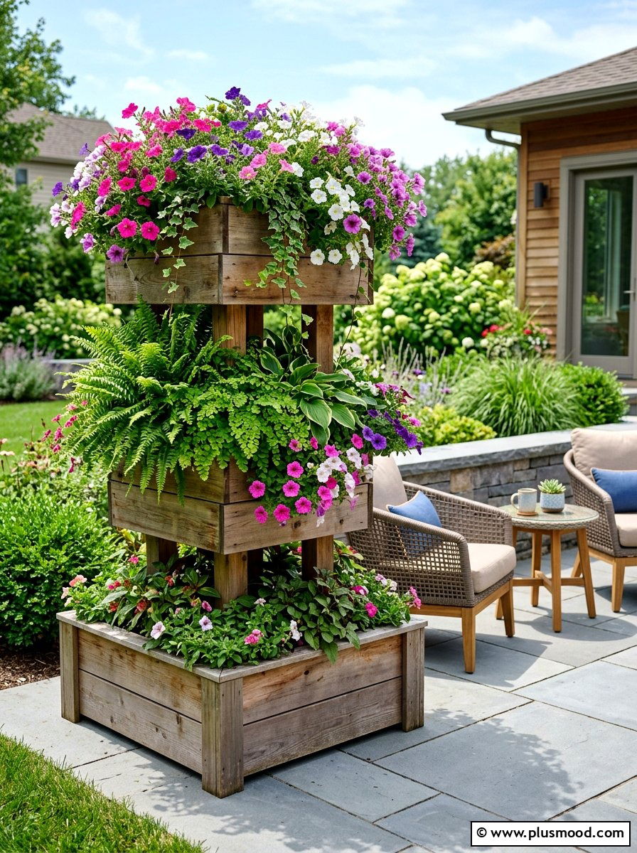 Tiered Wooden Planter - 25 small backyard ideas with wooden planter