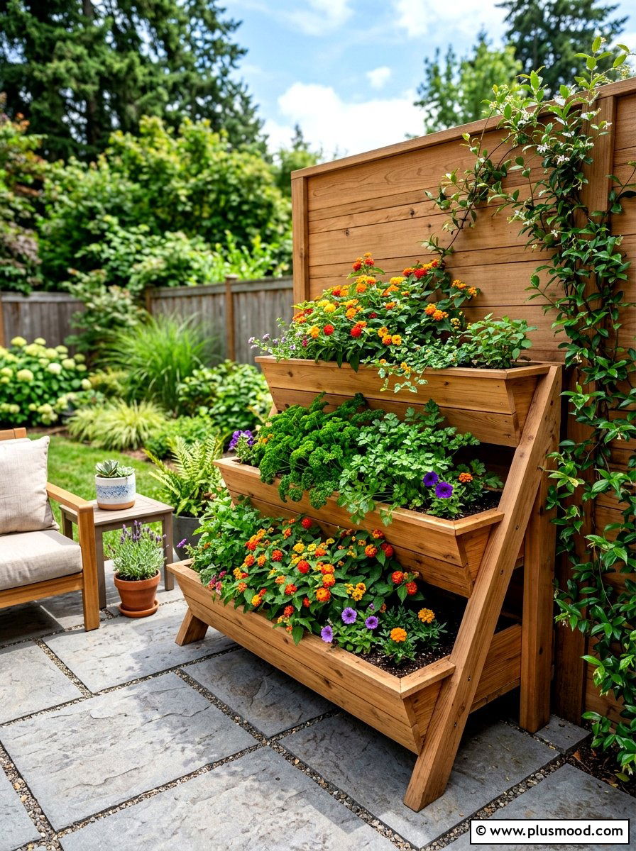Tiered Wooden Planters - 25 small backyard ideas with butterfly garden