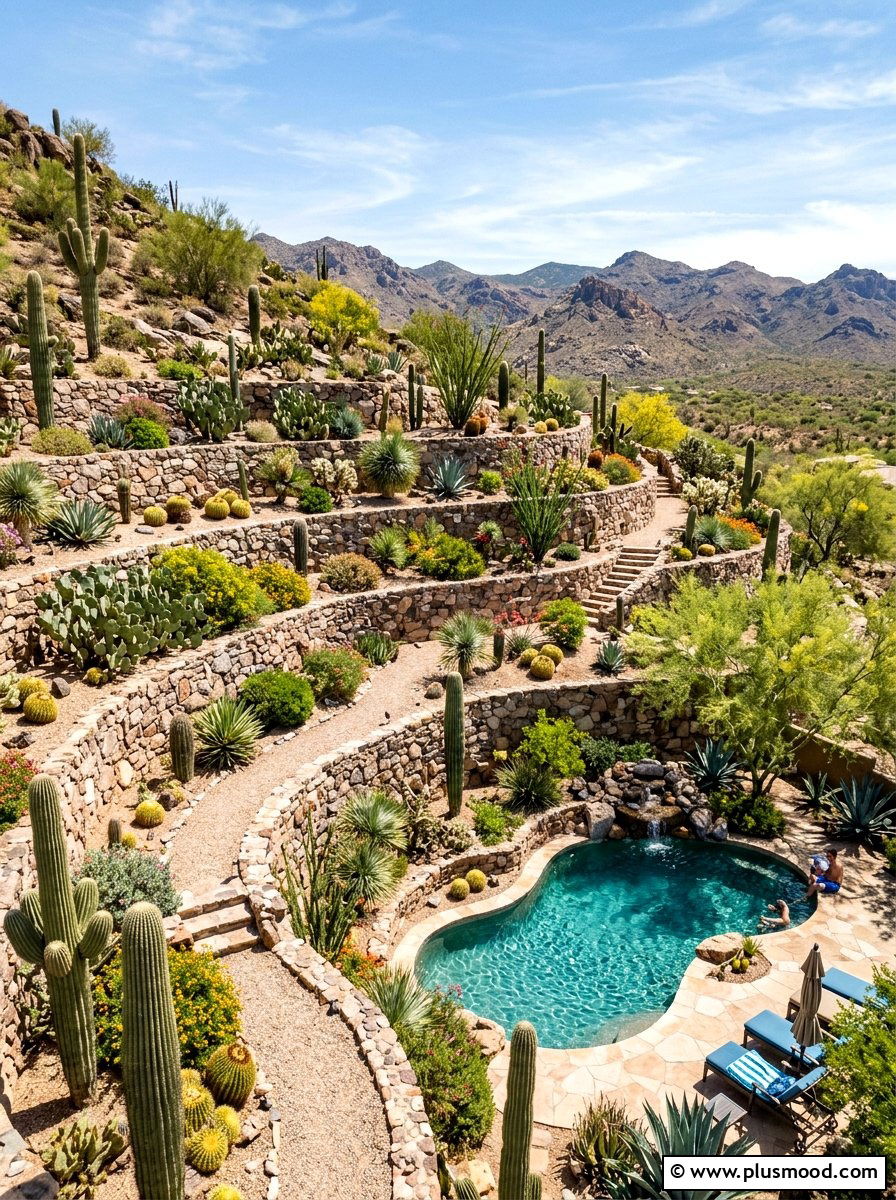 Tiered cactus garden pool slope - 25 pool landscaping ideas with cactus garden