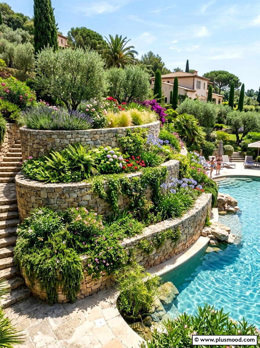 Tiered curved pool planter - 25 pool landscaping ideas with curved planters