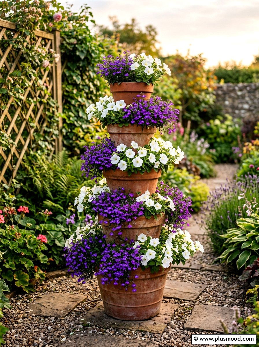Tiered flower pot tower - 25 small backyard ideas with container garden