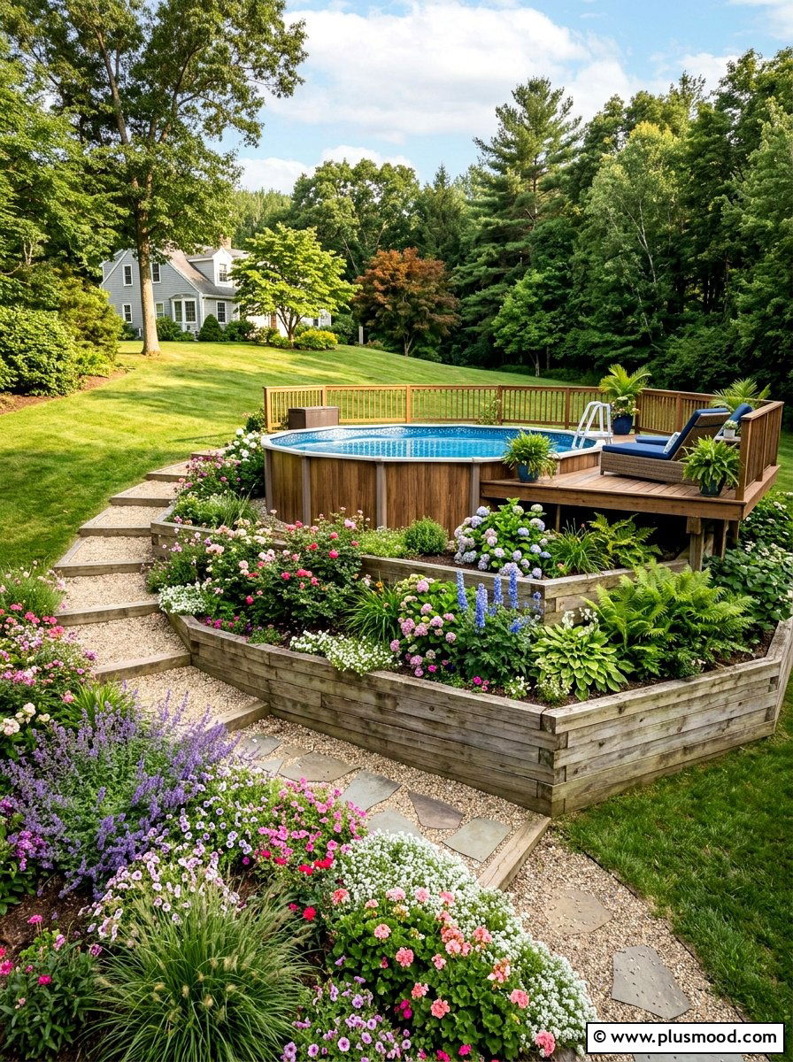 Tiered garden pool landscape - 25 pool landscaping ideas for above ground pools