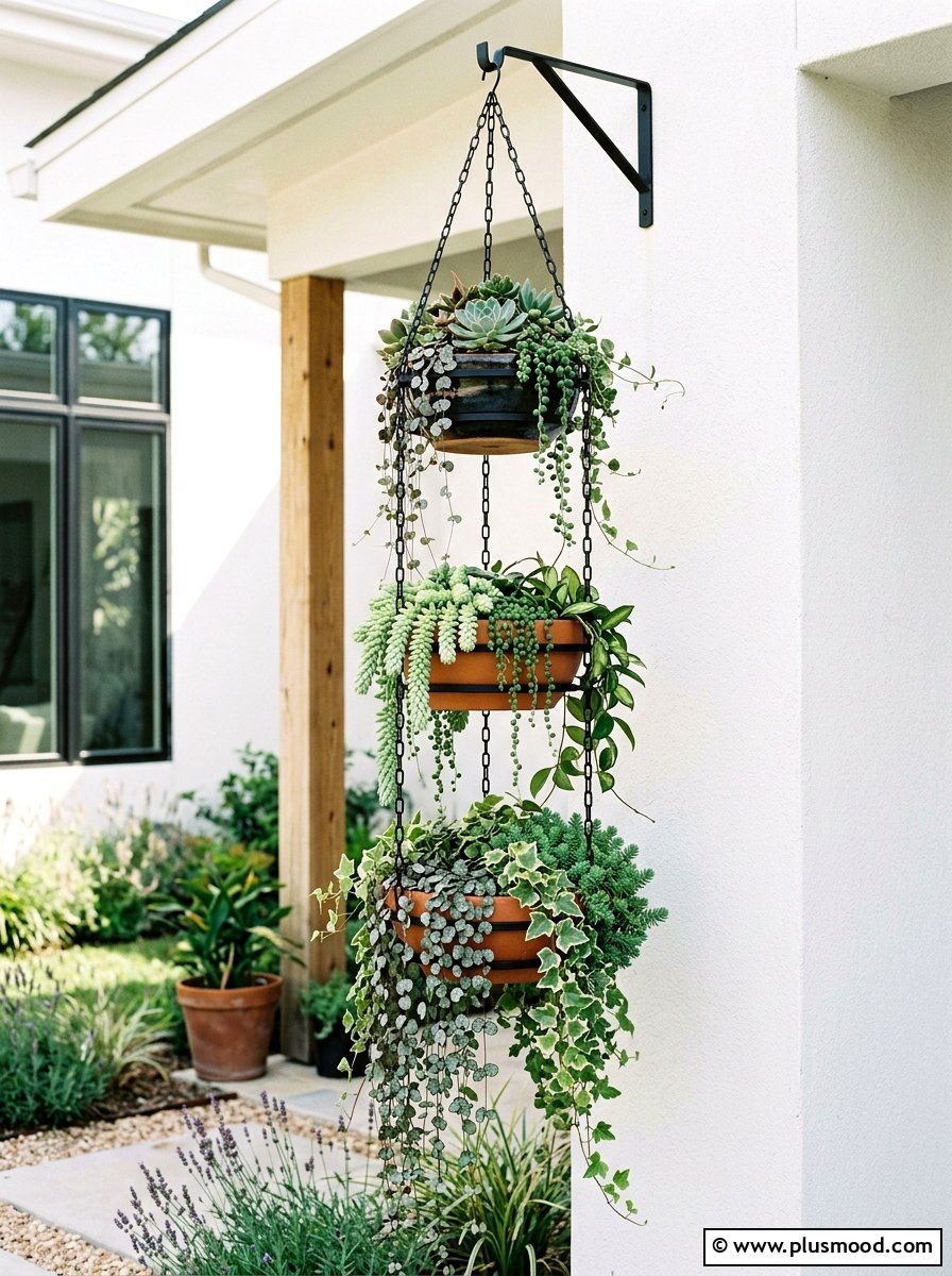 Tiered hanging planters - 25 small backyard ideas with hanging plants