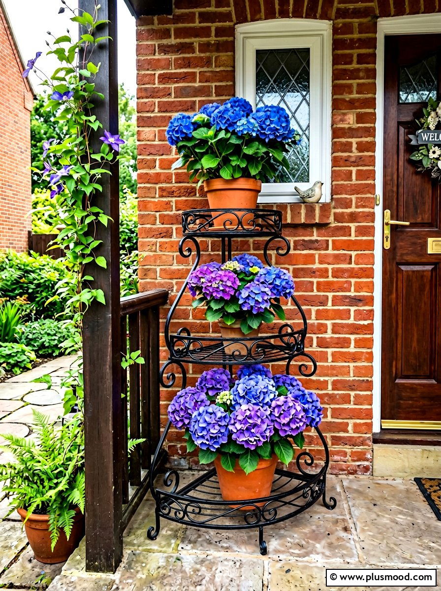 Tiered hydrangea porch plant stand - 25 summer front porch decor ideas with hydrangeas