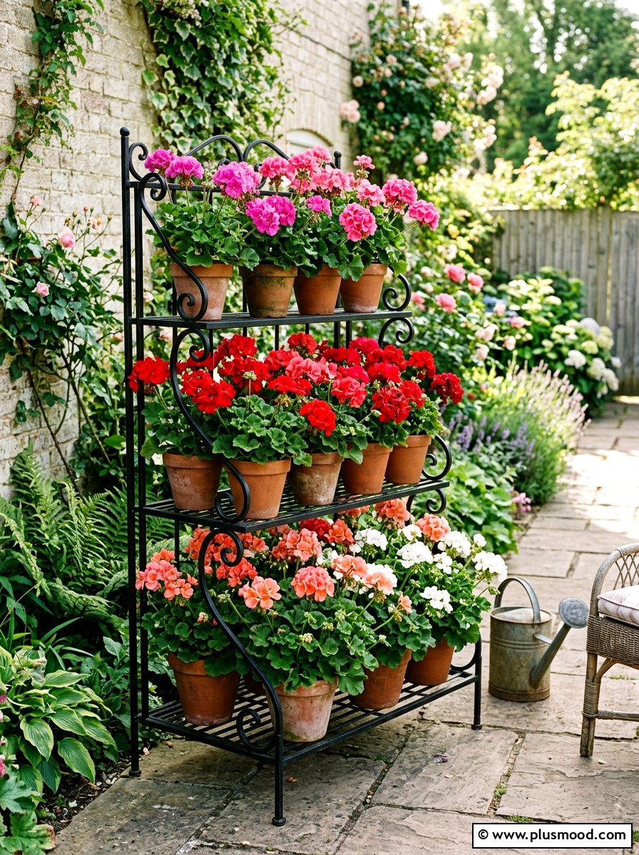 Tiered plant stand with geraniums - 25 summer planters with geraniums ideas