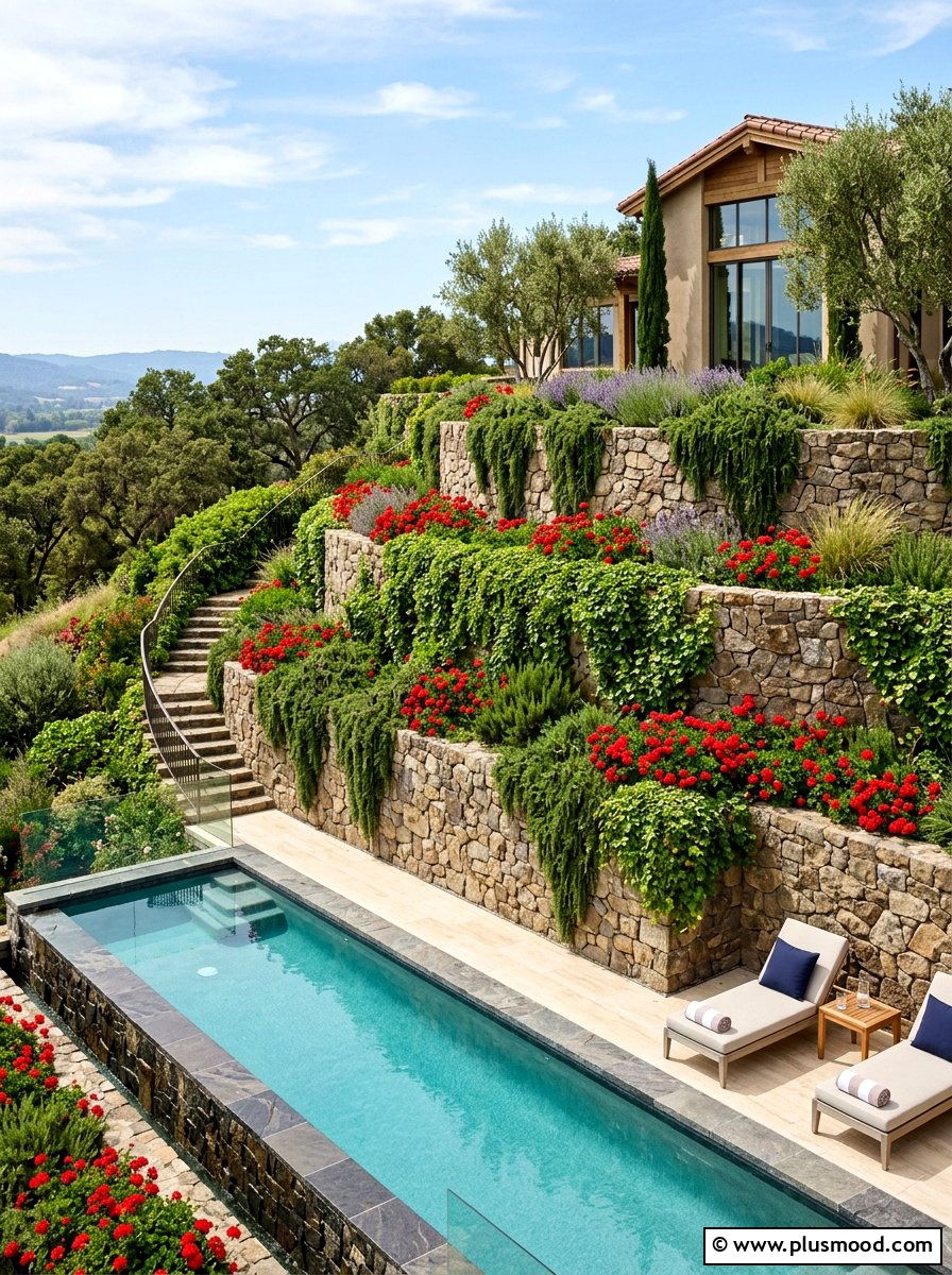 Tiered planter beds pool area - 25 pool landscaping ideas with flower beds