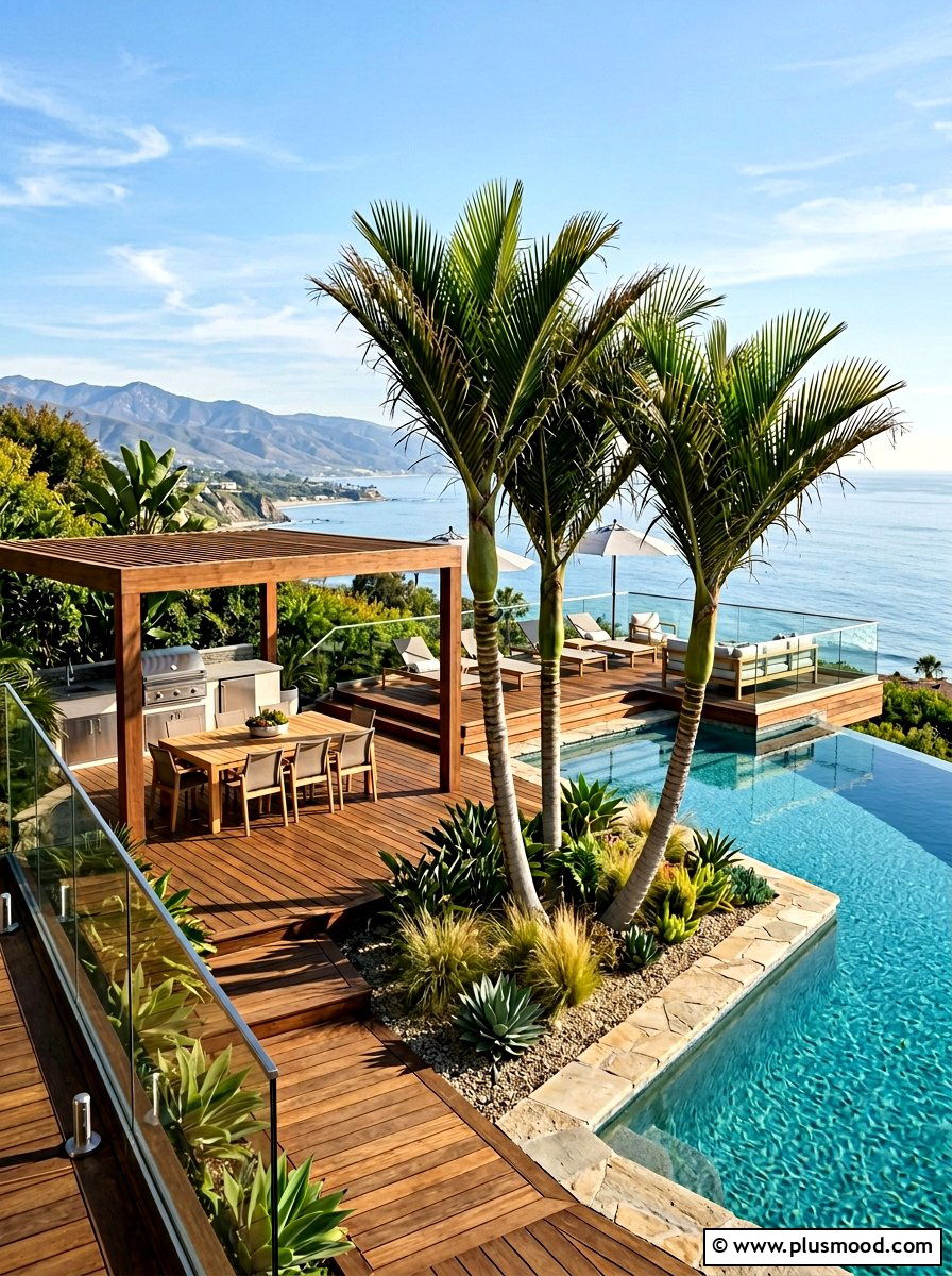 Tiered pool deck with triangle palms - 25 pool landscaping ideas with palm trees