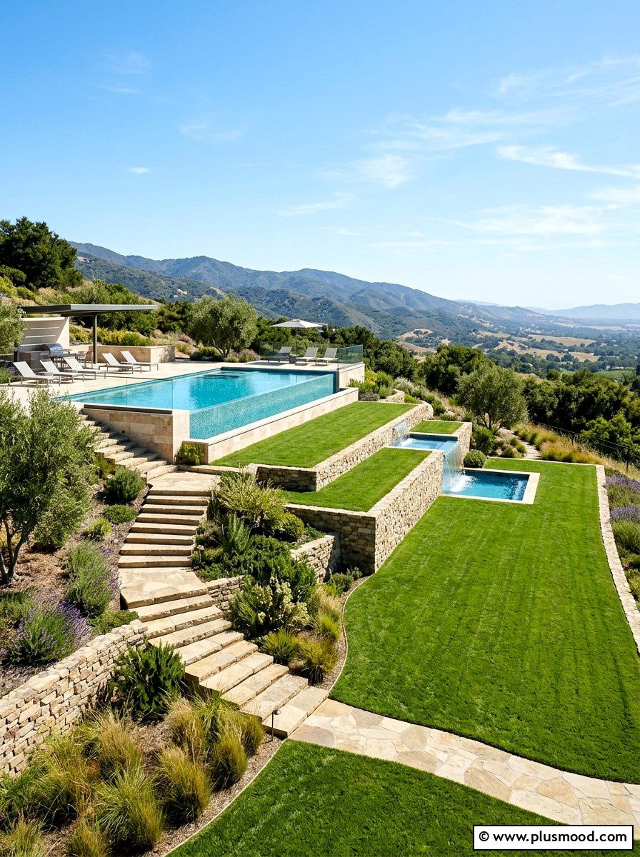 Tiered pool landscape with grass levels - 25 pool landscaping ideas with grass